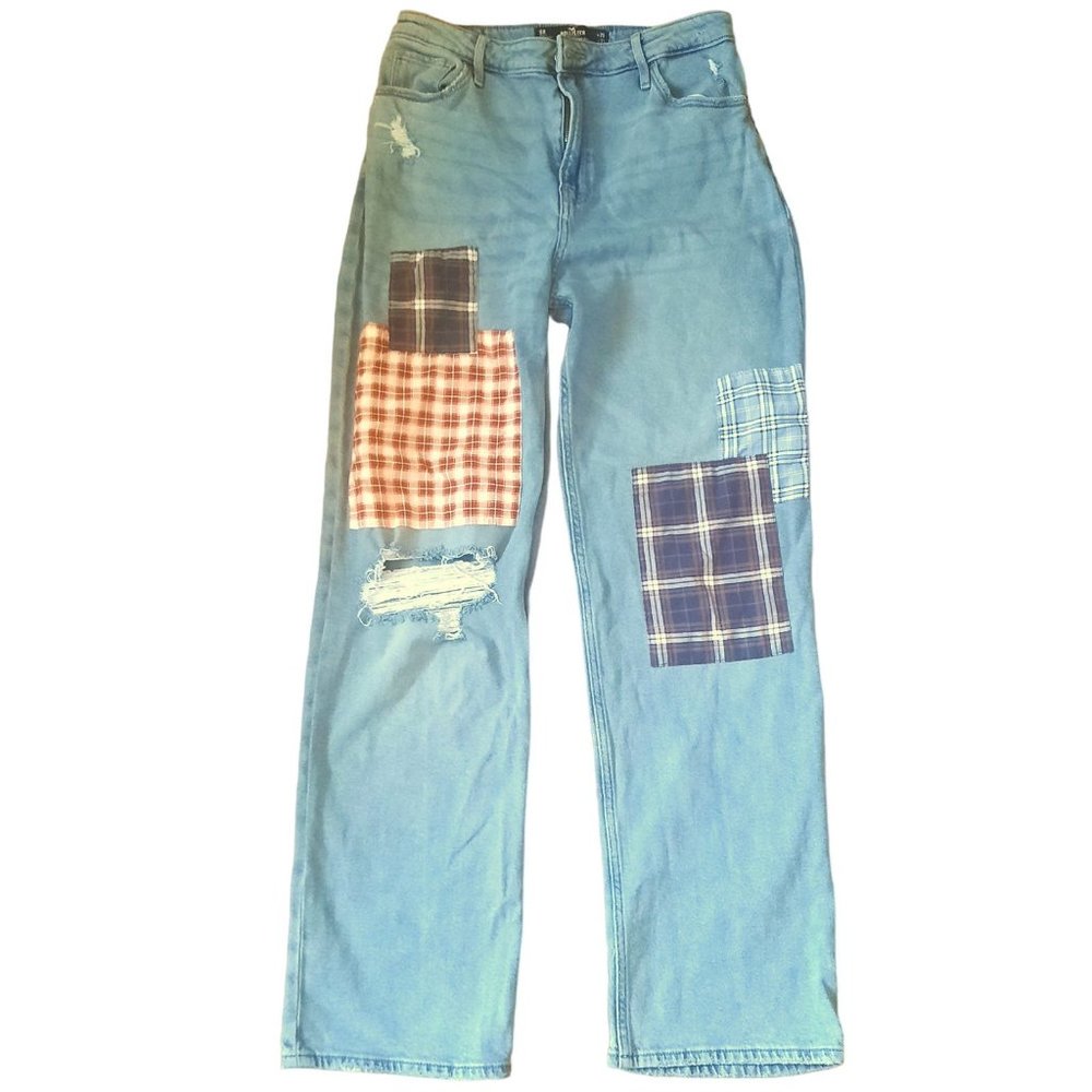 Hollister 'Ultra High-Rise Dad Jean' Medium Wash + Patchwork Size 9/29R (V102)